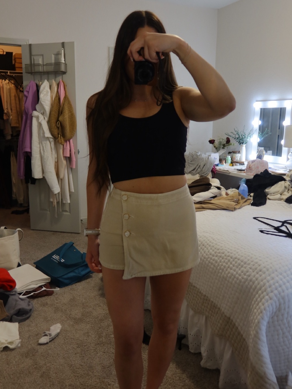Zara Cream Denim Mini Skort with Button Detail